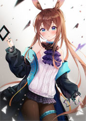 Rule 34 | 1girl, absurdres, amiya (arknights), animal ears, anklet, arknights, ascot, bare shoulders, black jacket, black skirt, blue eyes, breasts, brown hair, brown pantyhose, choker, clothes writing, commentary, cowboy shot, frills, hair between eyes, hand up, highres, jacket, jewelry, lebring, long hair, long sleeves, looking at viewer, miniskirt, multiple rings, off shoulder, open clothes, open jacket, pantyhose, parted lips, plaid, plaid skirt, pleated skirt, ponytail, puffy sleeves, rabbit ears, ring, shirt, skirt, sleeveless, sleeveless shirt, small breasts, solo, very long hair, white background, white shirt