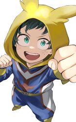 Rule 34 | 1boy, :d, absurdres, all might, all might (cosplay), boku no hero academia, child, clenched hands, cosplay, fengling (furin-jp), freckles, green eyes, green hair, highres, male focus, midoriya izuku, open mouth, short hair, smile, solo