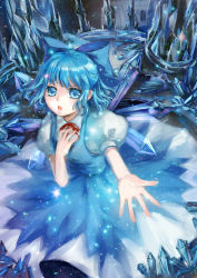 Rule 34 | 1girl, absurdres, blue eyes, blue hair, bow, cirno, dress, hair bow, highres, ice, ice wings, kami2011, matching hair/eyes, outstretched hand, short hair, solo, touhou, wings