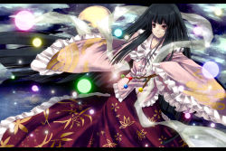 Rule 34 | 1girl, black hair, branch, cloud, dress, female focus, full moon, highres, houraisan kaguya, japanese clothes, jeweled branch of hourai, letterboxed, long hair, moon, night, orb, red eyes, shawl, solo, touhou, untue