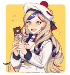 Rule 34 | 1girl, bad id, bad twitter id, beret, blonde hair, blue eyes, blue hair, buttons, commandant teste (kancolle), double-breasted, food, hat, highres, ice cream, jacket, kantai collection, long hair, multicolored clothes, multicolored hair, multicolored scarf, pom pom (clothes), red hair, scarf, smile, solo, sparkle, streaked hair, su konbu, swept bangs, teeth, upper body, wavy hair, white hair