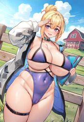 Rule 34 | 1girl, absurdres, blonde hair, breasts, character request, choker, collar, copyright request, hair bun, highres, large breasts, looking at viewer, open mouth, salute, smile, solo, swimsuit, thick thighs, thigh strap, thighs, wow (cor369)