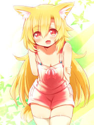 Rule 34 | 1girl, akane (naomi), alternate costume, animal ear fluff, animal ears, arms behind back, bare shoulders, blonde hair, fox ears, fox tail, hutaba akane, long hair, looking at viewer, nanashin naomi, no shirt, open mouth, original, overalls, red eyes, smile, solo, tail, thighhighs, very long hair, white thighhighs