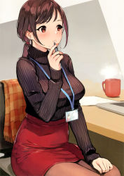 Rule 34 | 1girl, absurdres, blush, breasts, brown eyes, brown hair, chair, closed mouth, coffee mug, cup, doushimasho, earrings, formal, hair between eyes, hairband, highres, holding, holding pen, id card, indoors, jewelry, large breasts, long hair, long sleeves, miniskirt, mole, mole under mouth, mug, office lady, original, pantyhose, pen, pencil skirt, ponytail, scan, scarf, simple background, sitting, skirt, skirt suit, solo, steam, suit, sweater, table, turtleneck, turtleneck sweater