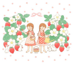 Rule 34 | 1girl, ^ ^, animal, apron, barefoot, basket, blush, braid, brown hair, casual, closed eyes, dress, flower, food, fruit, hair ornament, hairclip, hiding, holding, holding basket, holding food, holding fruit, holding watering can, leaf, looking at another, open mouth, original, picnic basket, pink apron, pink dress, pink flower, pink ribbon, plaid, plaid apron, plaid dress, plant, puffy short sleeves, puffy sleeves, rabbit, reaching, red apron, red dress, ribbon, short sleeves, smile, standing, strawberry, teeth, tokoyu, twin braids, twintails, upper teeth only, watering can, white background, white flower
