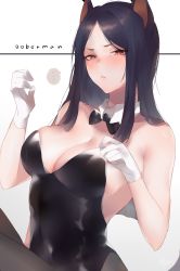 Rule 34 | 1girl, absurdres, allze, alternate costume, animal ears, arknights, bare arms, bare shoulders, black hair, black pantyhose, blush, bow, bowtie, dobermann (arknights), dog ears, dog girl, gloves, highres, leotard, long hair, looking at viewer, nontraditional playboy bunny, off shoulder, orange eyes, pantyhose, playboy bunny, ribbon, simple background, solo, teeth, upper teeth only, white background, white gloves