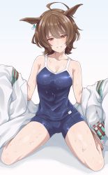 Rule 34 | 1girl, absurdres, agnes tachyon (umamusume), ahoge, animal ears, blue one-piece swimsuit, brown hair, collarbone, colored eyelashes, commentary request, grey background, hair between eyes, half-closed eyes, head tilt, highres, horse ears, horse girl, huge filesize, lab coat, looking at viewer, one-piece swimsuit, red eyes, short hair, simple background, sitting, solo, swimsuit, swimsuit under clothes, test tube, thighs, tokufumi, umamusume, wariza, wet