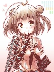Rule 34 | 10s, 1girl, 2 fuel 4 ammo 11 steel, antenna hair, blush, brown eyes, brown hair, double bun, elbow gloves, gloves, kantai collection, kibushi, looking at viewer, naka (kancolle), personification, school uniform, short hair, smile, solo, v