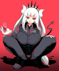 Rule 34 | 1girl, alcohol, black jacket, black necktie, black pants, black tail, breasts, business suit, collared shirt, cup, demon girl, demon horns, demon tail, drinking glass, formal, geb3d1liqqoqlxn, gloves, hair ornament, helltaker, high heels, highres, horns, huge breasts, jacket, large breasts, long hair, long sleeves, looking to the side, low-tied long hair, lucifer (helltaker), mole, mole under eye, necktie, neckwear request, open mouth, pants, red background, red eyes, red shirt, shirt, sitting, solo, spread legs, squatting, suit, tail, white gloves, white hair, white horns, wine, wine glass, zeni (mxyz7532)