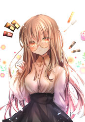 Rule 34 | 1girl, bad id, bad pixiv id, black skirt, breasts, brown hair, chigiri kurenai, collared shirt, commentary request, floral print, glasses, highres, long hair, long sleeves, looking at viewer, medium breasts, nail polish, original, parted lips, pink nails, red eyes, shirt, simple background, skirt, solo, tearing up, tears, very long hair, white background, white shirt