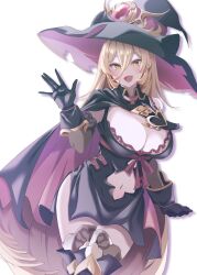 Rule 34 | absurdres, black hat, blonde hair, blush, breasts, cape, cleavage, elbow gloves, gloves, hair between eyes, hat, highres, large breasts, long hair, looking at viewer, navel, nijisanji, nui sociere, nui sociere (1st costume), open mouth, ray nero, sleeveless, thighhighs, very long hair, virtual youtuber, white background, witch, witch hat, yellow eyes