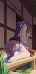 Rule 34 | 1girl, barefoot, closed mouth, day, expressionless, flower, food, from behind, fruit, genshin impact, hair flower, hair ornament, hand up, highres, holding, holding food, japanese clothes, kimono, long hair, looking at viewer, looking back, mole, mole under eye, nev (nevblindarts), off shoulder, purple eyes, purple hair, purple kimono, raiden shogun, shouji, sitting, sliding doors, soles, solo, sweat, watermelon, watermelon slice