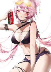 Rule 34 | 1girl, absurdres, arknights, bad id, bad pixiv id, bare arms, bare shoulders, bikini, black bikini, black choker, blush, breasts, can, choker, coca-cola, commentary request, cowboy shot, eyewear on head, highres, holding, holding can, large breasts, lin (arknights), long hair, looking at viewer, navel, official alternate costume, open mouth, pink eyes, pink hair, simple background, solo, stomach, sunglasses, swimsuit, thighs, very long hair, white background, xiongshouji