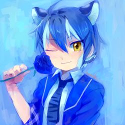 Rule 34 | 10s, 1girl, ;), ahoge, animal ears, animal print, artist name, blue flower, blue hair, blue rose, closed mouth, collared shirt, flower, hair between eyes, hanada (cobalt003), hand up, holding, holding flower, jacket, kemono friends, looking at viewer, maltese tiger (kemono friends), multicolored hair, necktie, one eye closed, open clothes, open jacket, plaid, print necktie, print neckwear, rose, shirt, short hair, sleeves rolled up, smile, solo, tiger ears, tiger print, upper body, white hair, white shirt, wing collar, yellow eyes