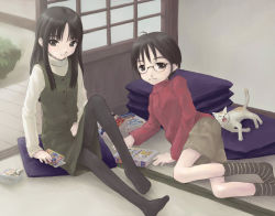 Rule 34 | 2girls, book, cat, feet, glasses, multiple girls, pantyhose, pillow, shimano natsume, socks, tatami