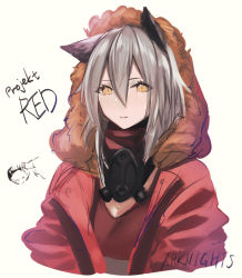Rule 34 | 1girl, animal ears, arknights, character name, copyright name, cropped torso, fur trim, grey hair, hood, hooded jacket, jacket, looking at viewer, nishibi mitsuba, projekt red (arknights), red jacket, red shirt, shirt, simple background, solo, white background, wolf ears, yellow eyes