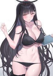 1girl bare_arms bikini black_bikini black_halo blue_archive blush breasts cleavage closed_mouth collarbone commentary_request cowboy_shot gluteal_fold hair_ornament hairpin halo hands_up highres holding holding_tablet_pc holster large_breasts long_hair looking_at_viewer mechanical_halo navel red_eyes rio_(blue_archive) shougun_(chuckni1) simple_background solo stomach swimsuit tablet_pc thigh_holster very_long_hair white_background