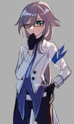 Rule 34 | 1girl, black-framed eyewear, black gloves, black pants, blue necktie, blue shirt, brown hair, closed mouth, commentary, fu hua, fu hua (night squire), glasses, gloves, green eyes, grey background, hair between eyes, hand on own hip, hand up, highres, honkai (series), honkai impact 3rd, jacket, long hair, long sleeves, mmhy hk, necktie, one eye closed, open clothes, open jacket, pants, shirt, simple background, sketch, solo, symbol-only commentary, twitter username, very long hair, white jacket