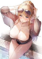 Rule 34 | 1girl, aviator sunglasses, azur lane, bismarck (azur lane), bismarck zwei (azur lane), bismarck zwei (crystal-clear holiday) (azur lane), black one-piece swimsuit, blonde hair, blue eyes, blush, breasts, cleavage, closed mouth, collarbone, commentary request, eyewear on head, from above, large breasts, long hair, looking at viewer, looking up, mouth hold, one-piece swimsuit, sea nami, see-through, signature, sitting, smile, solo, sunglasses, swimsuit, thighs, tying hair, water, wet
