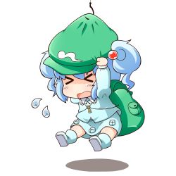 Rule 34 | &gt; &lt;, 1girl, backpack, bag, blue hair, blush, blush stickers, boots, chibi, closed eyes, fishing hook, full body, hat, holding, holding clothes, holding hat, hook, jinnouchi akira, kawashiro nitori, lifting person, open mouth, pocket, rubber boots, short hair, short sleeves, short twintails, simple background, skirt, skirt set, smile, solo, sweatdrop, touhou, trapped, twintails, two side up