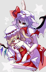 Rule 34 | 2girls, absurdres, ascot, bat wings, buttons, closed mouth, flandre scarlet, grey background, hat, hat ribbon, highres, ichirugi, looking at another, mob cap, multicolored wings, multiple girls, nail polish, puffy short sleeves, puffy sleeves, red eyes, red nails, red ribbon, red skirt, red vest, remilia scarlet, ribbon, ribbon-trimmed headwear, ribbon trim, shirt, short sleeves, siblings, simple background, sisters, skirt, sleeve ribbon, touhou, vest, white hat, white shirt, wings, yellow ascot