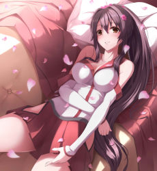 Rule 34 | 10s, 1girl, blush, breasts, brown eyes, brown hair, couch, detached sleeves, highres, kantai collection, large breasts, long hair, looking at viewer, lying, miniskirt, nicoby, on back, parted lips, petals, pleated skirt, ponytail, skirt, solo, very long hair, yamato (kancolle)