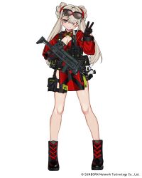 Rule 34 | 1girl, black footwear, black gloves, boots, cf05 (girls&#039; frontline), china dress, chinese clothes, cleavage cutout, closed mouth, clothing cutout, commentary request, double bun, dress, english text, eyewear on head, girls&#039; frontline, gloves, gun, hair bun, harness, high collar, highres, holding, holding gun, holding weapon, logo, long hair, long sleeves, looking at viewer, luicent, official art, pouch, red dress, shadow, short dress, side slit, simple background, smile, solo, standing, thigh boots, thigh pouch, thighhighs, very long hair, watermark, weapon, web address, white background