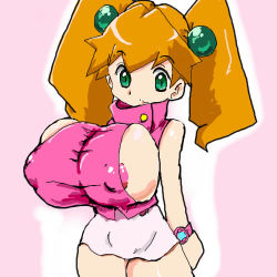 Rule 34 | 1girl, alternate breast size, areola slip, barapi, bare shoulders, breasts, bursting breasts, buttons, covered erect nipples, cowboy shot, green eyes, hair ornament, huge breasts, junmai karin, light smile, long hair, looking at viewer, lowres, medarot, miniskirt, no bra, orange hair, outline, pink background, puffy nipples, shirt, sideboob, simple background, skin tight, skirt, sleeveless, sleeveless shirt, smile, solo, standing, taut clothes, thick thighs, thighs, turtleneck, twintails, watch, wristwatch