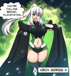 Rule 34 | 1girl, 4panels, :d, black cape, black thighhighs, breasts, cape, clothing cutout, comic, english text, feet out of frame, game console, green eyes, highres, hinghoi, large breasts, long hair, looking at viewer, merryweather, navel, navel cutout, open mouth, original, personification, ponytail, product girl, sidelocks, smile, solo, speech bubble, standing, thighhighs, thighs, white hair, xbox series x, xbox series x (personification)