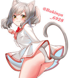 Rule 34 | 1girl, :3, animal ear fluff, animal ears, ass, blush, bow, brown eyes, cat ears, cat girl, cat tail, closed mouth, commentary request, dress, grey hair, hand up, highres, long sleeves, looking at viewer, looking back, original, panties, paw pose, pleated dress, red bow, rukinya (nyanko mogumogu), simple background, solo, tail, twintails, twitter username, underwear, white background, white dress, white panties
