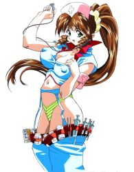 Rule 34 | 1girl, armband, breasts, brown hair, cleavage, covered erect nipples, cowboy shot, garter belt, garter straps, green eyes, hat, high ponytail, holding, kaze akio, large breasts, long hair, navel, nurse, nurse cap, popped collar, retro artstyle, simple background, solo, stethoscope, thighhighs, white background