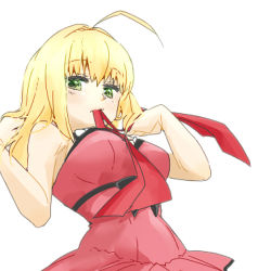 Rule 34 | 10s, 1girl, ahoge, blonde hair, breasts, casual, dearest373, dress, fate/extra, fate/extra ccc, fate (series), green eyes, hair down, long hair, mei (mochimon), mochimon, nero claudius (fate), nero claudius (fate), nero claudius (fate/extra), solo