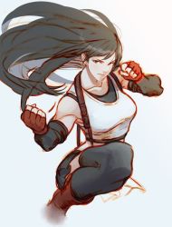 Rule 34 | 1girl, black hair, clenched hands, collarbone, earrings, elbow gloves, fighting stance, final fantasy, final fantasy vii, final fantasy vii remake, gloves, jewelry, krazehkai, long hair, looking at viewer, red gloves, serious, simple background, skirt, sleeveless, solo, suspenders, tank top, thighhighs, tifa lockhart, undershirt