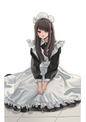 Rule 34 | 1girl, absurdres, apron, black dress, brown eyes, brown hair, dong ji, dress, frilled apron, frills, highres, long hair, maid, maid apron, maid headdress, open mouth, original, sitting, solo