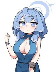 Rule 34 | 1girl, absurdres, ako (blue archive), ako (dress) (blue archive), blue archive, blue dress, blue eyes, blue hair, blue halo, blush, breasts, cleavage, closed mouth, cuffs, dress, hair between eyes, halo, handcuffs, highres, large breasts, long hair, looking at viewer, official alternate costume, rarara (pixiv 14765246), simple background, sleeveless, sleeveless dress, solo, upper body, white background
