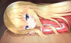 Rule 34 | 1girl, blonde hair, blue eyes, blush, from side, gabriel dropout, highres, jacket, long hair, looking at viewer, lying, on floor, on stomach, open mouth, red jacket, shishou (doragyurosu), solo, gabriel tenma white, track jacket, upper body