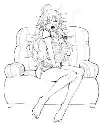 Rule 34 | 1girl, barefoot, closed eyes, copyright request, couch, monochrome, shorts, sitting, solo, yawning, yongsa (y0ngs4)