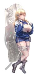Rule 34 | 1girl, absurdres, belt pouch, blonde hair, blue bow, blue bowtie, blue jacket, bow, bowtie, breasts, brown eyes, claw ring, cleavage, clothes lift, collared shirt, goddess of victory: nikke, hair ornament, highres, holding, huge breasts, jacket, jewelry, jindogod, long hair, multiple rings, off-shoulder jacket, off shoulder, partially unbuttoned, pencil skirt, pouch, puffy sleeves, ring, shirt, simple background, skirt, skirt lift, sleeves past wrists, solo, strap, tia (nikke), white background, white shirt