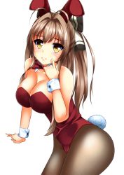 Rule 34 | 10s, 1girl, ahoge, amagi brilliant park, animal ears, antenna hair, bare shoulders, black eyes, blush, bow, bowtie, breasts, brown hair, cameltoe, cleavage, fake animal ears, female focus, hair ornament, hair ribbon, highres, large breasts, leotard, long hair, looking at viewer, pantyhose, playboy bunny, ponytail, rabbit ears, ribbon, sento isuzu, simple background, solo, thighs, white background, yellow eyes