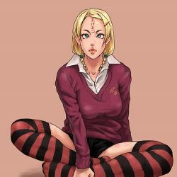 Rule 34 | 1girl, braid, breasts, crossed legs, feet, indian style, large breasts, lips, sitting, solo, st-retcher, striped clothes, striped thighhighs, thighhighs, twin braids