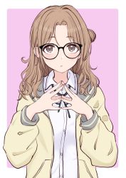 Rule 34 | 1girl, bad id, bad pixiv id, bespectacled, blush, brown eyes, cardigan, fingers together, glasses, hair bun, highres, ichikawa hinana, idolmaster, idolmaster shiny colors, long hair, looking at viewer, nail polish, open cardigan, open clothes, pink background, pink nails, simple background, single hair bun, solo, t7s-kuroro, upper body