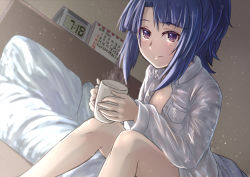 Rule 34 | 1girl, alice gear aegis, bare legs, bed, blue hair, blunt bangs, closed mouth, collared shirt, cup, dress shirt, dutch angle, hair intakes, highres, holding, holding cup, leaning forward, long hair, long sleeves, naked shirt, open clothes, open shirt, origami yakko, ponytail, purple eyes, shirt, sidelocks, sitting, smile, solo, steam, takanashi rei, white shirt, wing collar