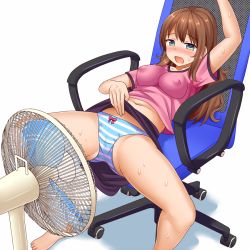 Rule 34 | 1girl, armpits, bad id, bad pixiv id, bare legs, barefoot, blush, breasts, brown hair, chair, clothes lift, covered erect nipples, electric fan, fanning crotch, green eyes, hot, medium breasts, navel, neri sachiko, office chair, open mouth, original, panties, shirt, skirt, skirt lift, solo, spread legs, stain, striped clothes, striped panties, sweat, swivel chair, t-shirt, underwear