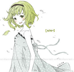Rule 34 | 1girl, aitai (vocaloid), blush, dress, face, green eyes, green hair, gumi, hairband, joanna (mojo!), leaf, matching hair/eyes, open mouth, short hair, sketch, smile, solo, sundress, traditional media, vocaloid, watermark