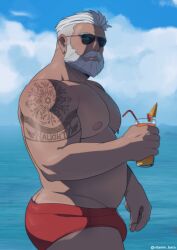 1boy absurdres asymmetrical_hair bara beach beard bulge butt_crack christmas connected_beard cup facial_hair full_beard highres holding holding_cup looking_at_viewer male_focus male_swimwear muscular muscular_male nipple_piercing old old_man original pectorals piercing red_male_swimwear santa_claus shoulder_tattoo sidecut signature sunglasses swim_briefs tattoo undercut vit_(vitamin_bara) water white_hair