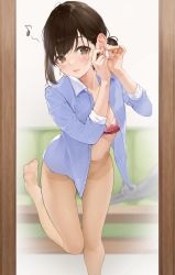Rule 34 | 1girl, blue shirt, blush, bra, breasts, brown eyes, brown hair, cleavage, closed mouth, collared shirt, douki-chan (douki-chan), dress shirt, earrings, ganbare douki-chan, highres, jewelry, lips, long sleeves, looking at viewer, medium hair, mugika, musical note, pantyhose, ponytail, red bra, shirt, solo, standing, standing on one leg, unbuttoned, underwear