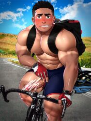 Rule 34 | 1boy, artisticjinsky, bara, bicycle, black hair, black shorts, blush, censored, clothing aside, cyclist, day, erection, feet out of frame, fingerless gloves, gloves, helmet, highres, holding, holding helmet, large pectorals, looking at viewer, male focus, muscular, muscular male, nipples, original, outdoors, pectorals, penis, red gloves, riding, riding bicycle, scribble censor, short hair, shorts, shorts aside, smile, solo, thick thighs, thighs