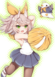 Rule 34 | 1girl, :d, ahoge, animal, animal ears, arm behind head, azur lane, bare shoulders, bird, black pantyhose, black skirt, blush, breasts, cheerleader, clothed animal, commentary request, cowboy shot, green eyes, grey hair, hair between eyes, hair ribbon, hestia (neko itachi), holding, holding pom poms, kitakaze (azur lane), looking at viewer, open mouth, outline, pantyhose, pleated skirt, pom pom (cheerleading), pom poms, ribbon, shirt, shoes, short hair, sidelocks, simple background, skirt, sleeveless, sleeveless shirt, small breasts, smile, solo focus, standing, standing on one leg, white background, white footwear, white shirt, yellow shirt