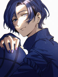Rule 34 | 1boy, ball, basketball (object), blue eyes, blue nails, blue sweater, blue theme, closed mouth, earrings, hair between eyes, hand up, highres, holding, holding ball, jewelry, kaito (vocaloid), light particles, lips, long sleeves, looking at viewer, looking to the side, male focus, project sekai, short hair, simple background, smile, solo, soup dumplin, sweater, turtleneck, turtleneck sweater, upper body, vocaloid, white background