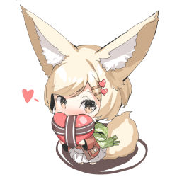 Rule 34 | 1girl, animal ear fluff, animal ears, blush, brown eyes, brown jacket, chibi, commentary request, covered mouth, fox ears, fox girl, fox tail, fringe trim, full body, green scarf, hair ornament, hairclip, heart, heart hair ornament, highres, holding, jacket, light brown hair, long sleeves, nose blush, open clothes, open jacket, original, pleated skirt, scarf, short hair, skirt, solo, standing, tail, white background, white skirt, yuuji (yukimimi)